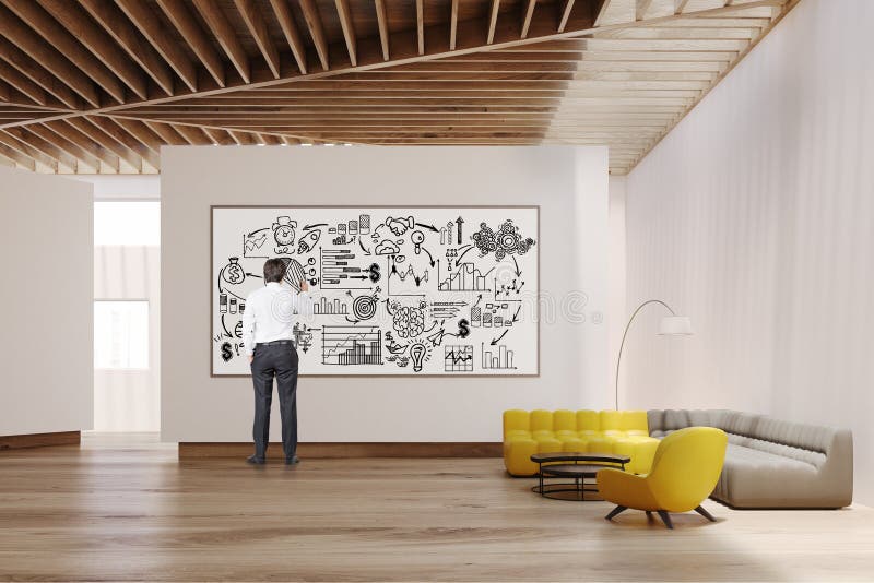 Белый интерьер живущей комнаты, whiteboard, человек иллюстрация штока